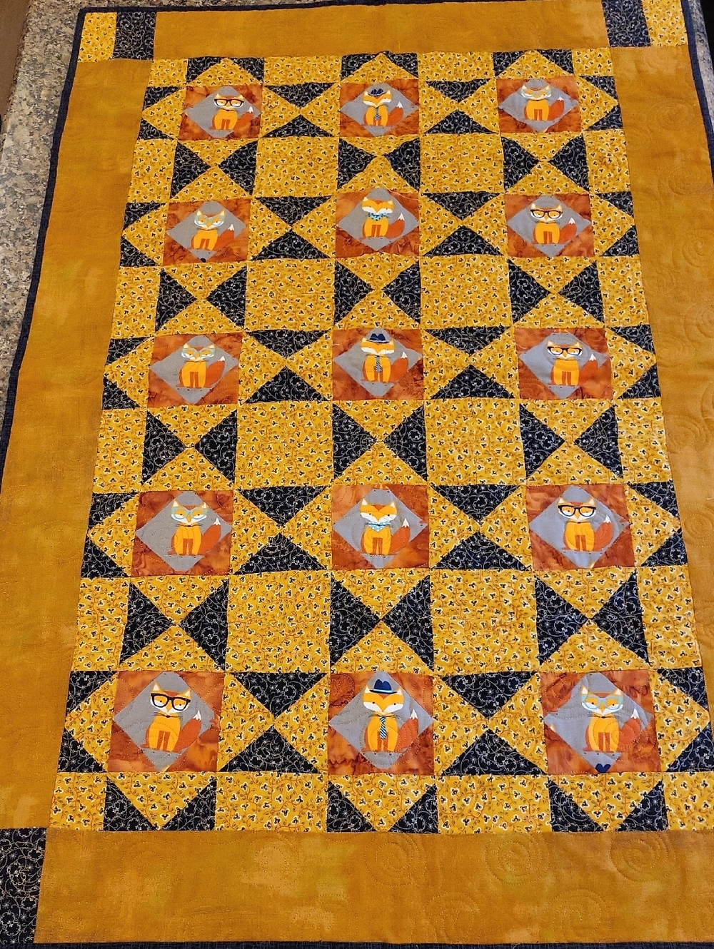 Handmade Fox Patchwork Quilt in Yellow and Orange
